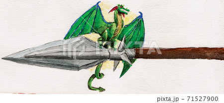 Little green dragon perched on the spear blade Little green dragon perched on the spear blade 71527900