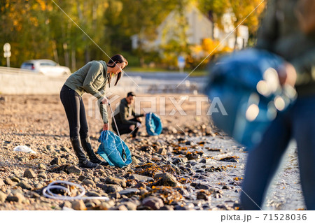 Dedicated team of volunteers cleaning beach on sunny day 71528036
