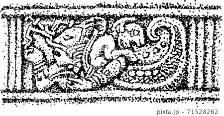 Human figure and animal carved in stone at Copan 71528262