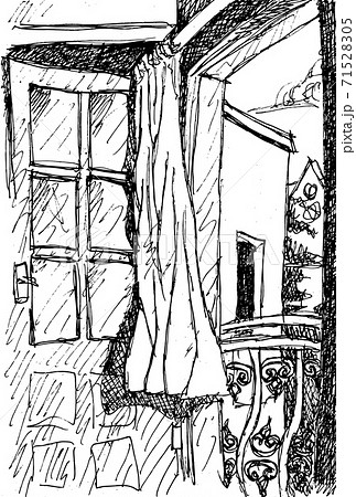 Open balcony door and flowing curtain in a house 71528305