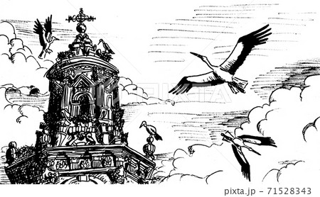 Storks flying and nesting on a belfry at Logrono 71528343