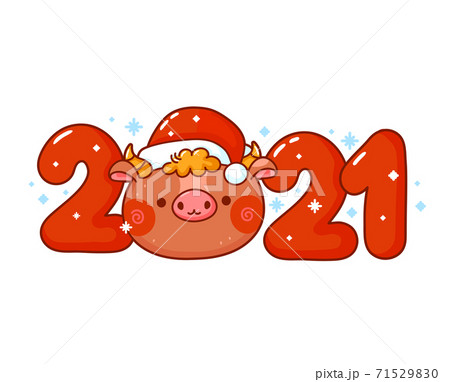 Cute 2021 New Year symbol bull in christmas cap 71529830