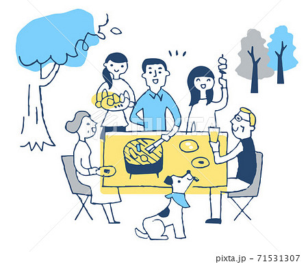 屋外でバーベキューを楽しむ家族 71531307