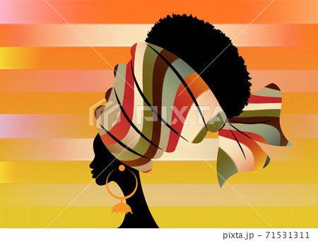 portrait beautiful African woman in traditional turban handmade stripes motif, Kente head wrap African with ethnic earrings, black women Afro curly hair vector silhouette isolated on strips background portrait beautiful African woman in traditional turban handmade stripes motif, Kente head wrap African with ethnic earrings, black women Afro curly hair vector silhouette isolated on strips background 71531311