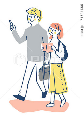 並んで街を歩く若いカップルのイラスト素材