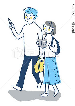 並んで街を歩く若いカップルのイラスト素材 並んで街を歩く若いカップルのイラスト素材