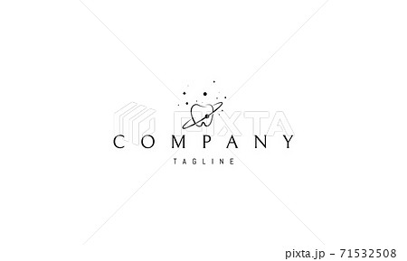 Vector logo on which an abstract image of a tooth with an orbit and a planet on a background of stars. Vector logo on which an abstract image of a tooth with an orbit and a planet on a background of stars. 71532508