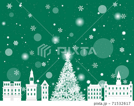 クリスマス 雪の降る洋風の街 風景イラスト 緑色のイラスト素材