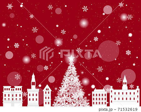 クリスマス 雪の降る洋風の街 風景イラスト 赤色のイラスト素材
