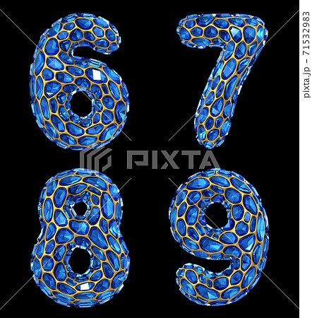 Number set 6, 7, 8, 9 made of 3d render diamond shards blue color. Number set 6, 7, 8, 9 made of 3d render diamond shards blue color. 71532983