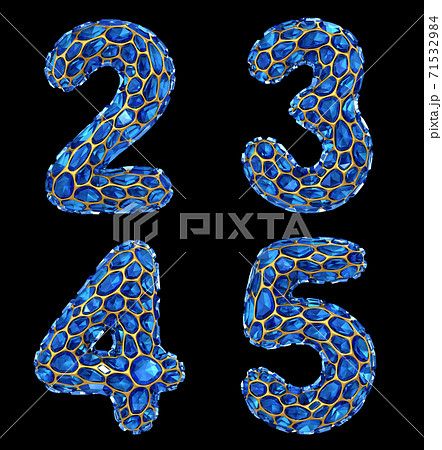 Number set 2, 3, 4, 5, made of 3d render diamond shards blue color. Number set 2, 3, 4, 5, made of 3d render diamond shards blue color. 71532984