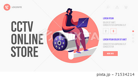 Surveillance System Landing Page Template. Tiny Female Character with Laptop in Hands Sit at Huge Video Camera Surveillance System Landing Page Template. Tiny Female Character with Laptop in Hands Sit at Huge Video Camera 71534214