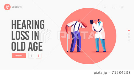 Senior Character at Medical Hear Exam Landing Page Template. Old manSuffering of Hearing Impairment Visiting Doctor 71534233