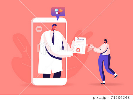 Online Medicine, Distant Consultation Smart Technology. Doctor Character Give Prescription to Patient from Huge Mobile Online Medicine, Distant Consultation Smart Technology. Doctor Character Give Prescription to Patient from Huge Mobile 71534248