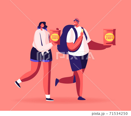 Male and Female Characters Eating Potato Chips in Package. Fast Food with High Level of Carbs and Calories, Snack 71534250