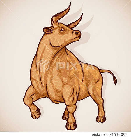 Ox or Taurus is sign of zodiac of New Year. Strong, muscular proud Bull is decorated of curly wool. Animal character for mascot, poster, calendar design. Stroked drawing style vector illustration. 71535092