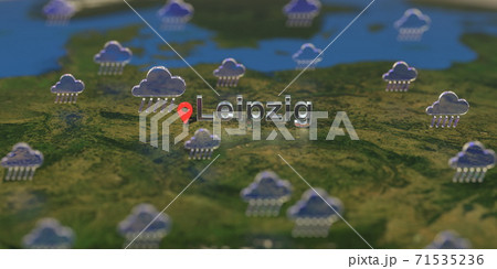Leipzig city and rainy weather icon on the map, weather forecast related 3D rendering Leipzig city and rainy weather icon on the map, weather forecast related 3D rendering 71535236