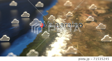 Cloudy weather icons near Valparaiso city on the map, weather forecast related 3D rendering 71535245
