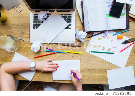 Top view female hands holding pen above white blank notebook for new creative ideas. Workspace with laptop, blanks, colorful stationery and Ideas message. Creative and Inspiration concept. Copy space. Top view female hands holding pen above white blank notebook for new creative ideas. Workspace with laptop, blanks, colorful stationery and Ideas message. Creative and Inspiration concept. Copy space. 71535596