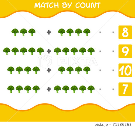 Match by count of cartoon broccolis. Match and count game. Educational game for pre shool years kids and toddlers 71536263