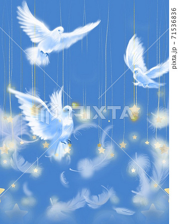 水色の宇宙に舞う三羽の白い鳩と羽と流れ星のイラストのイラスト素材