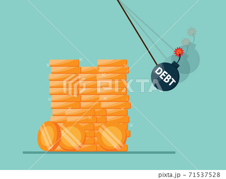 debt bomb destroy stack of money coins, economic crisis debt bomb destroy stack of money coins, economic crisis 71537528