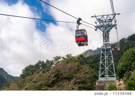 三重県菰野町　紅葉の御在所岳　霧の山へ登っていく御在所ロープウエイの赤いゴンドラ 71538388