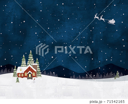 クリスマスの家と雪の夜の景色水彩のイラスト素材