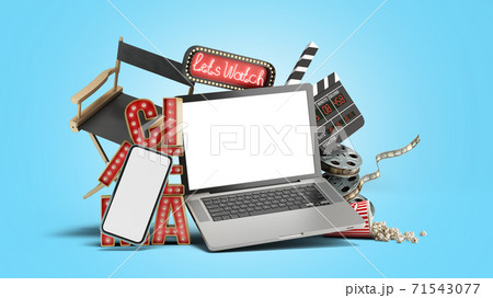 Online theatre cinema had light concept nave lets watch cinema 3d render on blue gradient Online theatre cinema had light concept nave lets watch cinema 3d render on blue gradient 71543077