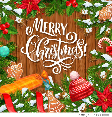 Christmas frame of Xmas tree, snow and red ribbons 71543666