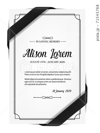 Funerary card template with obituary and ribbon 71543768