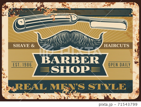 Hairdresser and barber rusty metal vector plate 71543799