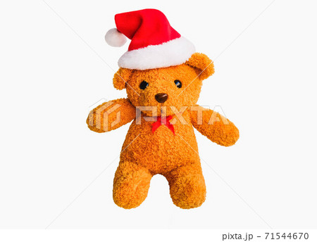 Cute brown bear wearing Santa outfits and hats. Happy smile with many colorful gift boxes isolated on white background,Christmas day and New Year's gifts 71544670