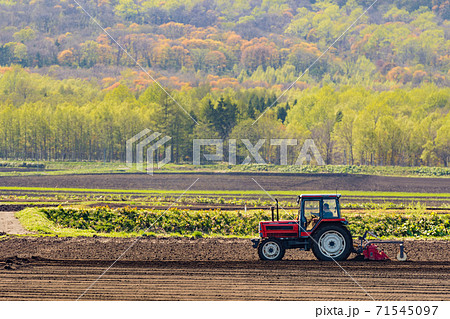 畑を耕すトラクター / 北海道ニセコエリア周辺 71545097