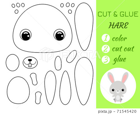 Simple educational game coloring page cut and glue sitting baby hare for kids. Educational paper game for preschool children. Color, cut parts and glue on paper. Vector stock illustration. Simple educational game coloring page cut and glue sitting baby hare for kids. Educational paper game for preschool children. Color, cut parts and glue on paper. Vector stock illustration. 71545420