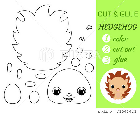 Simple educational game coloring page cut and glue sitting baby hedgehog for kids. Educational paper game for preschool children. Color, cut parts and glue on paper. Vector stock illustration. 71545421