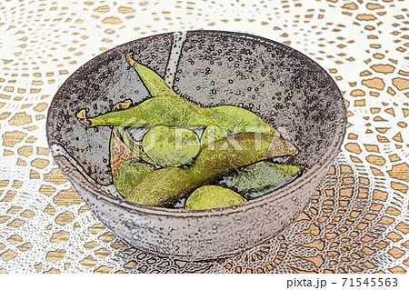 家庭的で素朴な自宅調理の丹波篠山の「塩茹で黒豆」色鉛筆画風 71545563