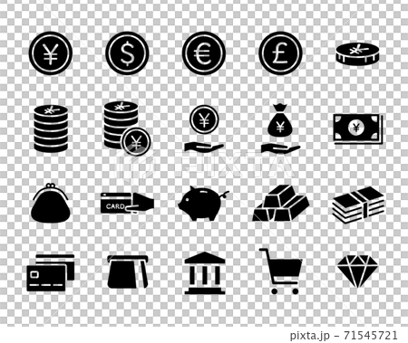 お金 金融 経済のアイコンのセット ビジネス 通貨 貨幣 紙幣 銀行 貯金 現金 クレジットカードのイラスト素材