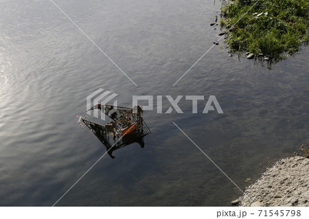 A moody shot of a rusty shopping trolley abandoned on a river, symbolizing economic recession and consumer spending crisis 71545798