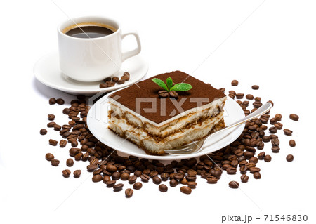 Traditional Italian Tiramisu dessert square portion on ceramic plate and cup of fresh espresso coffee isolated on white 71546830