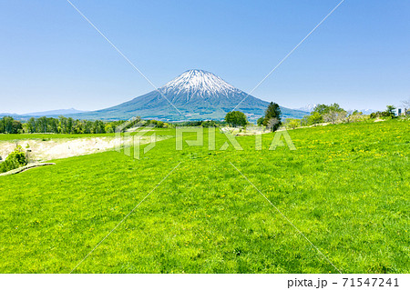 ドローン空撮 ニセコの広大な大地と羊蹄山の風景 北海道ニセコエリアの写真素材