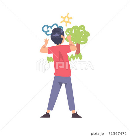 Boy Drawing Scene of Nature on Wall, Kid Drawing with Colorful Chalk Pencils and Crayons, View from Behind Cartoon Style Vector Illustration Boy Drawing Scene of Nature on Wall, Kid Drawing with Colorful Chalk Pencils and Crayons, View from Behind Cartoon Style Vector Illustration 71547472