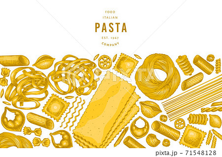 Italian pasta design template. Hand drawn vector food illustration. Vintage pasta different kinds background. 71548128