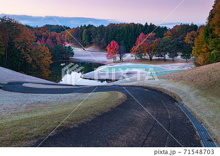 早朝で朝霜の紅葉のゴルフ場カート道とグリーンと水鏡の池の写真素材