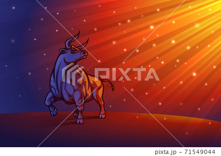Bull on radiant beams background. Shiny glitter particles in rays divine Light. Ox is zodiac sign. Template design with copy space. Hard edge, heavy contour line. Vector illustration 71549044