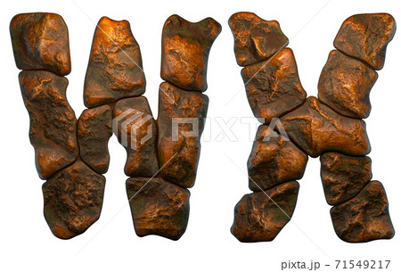 Set of rocky letters W, X. Font of stone on white background. 3d Set of rocky letters W, X. Font of stone on white background. 3d 71549217