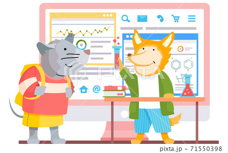 Smart cartoon animal student. A fox schoolboy with test tube in hands and a mouse comes to class 71550398