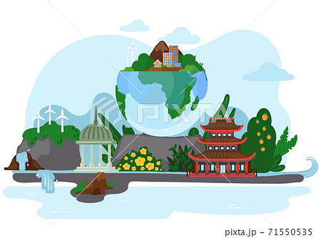 Asian landscape with tree, waterfall, mountains and house. Globe with plants and wind turbines 71550535