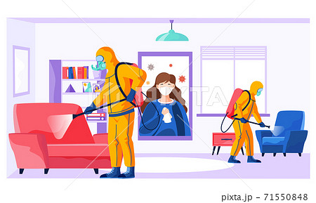 Men from pest control or sanitary service doing disinfection in office to kill viruses and bacteria 71550848