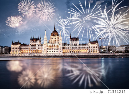 fireworks around Hungarian parliament- New Year, Budapest fireworks around Hungarian parliament- New Year, Budapest 71551215